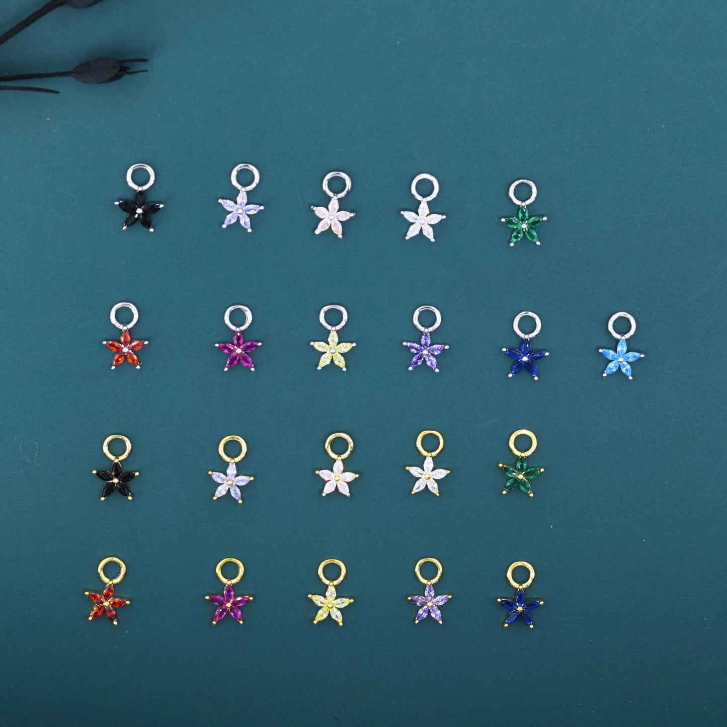 CZ Flower Charms for Huggie Hoops, Sterling Silver Crystal Flower Charms, Detachable Charms for Hoop Earrings, Silver or Gold Finish