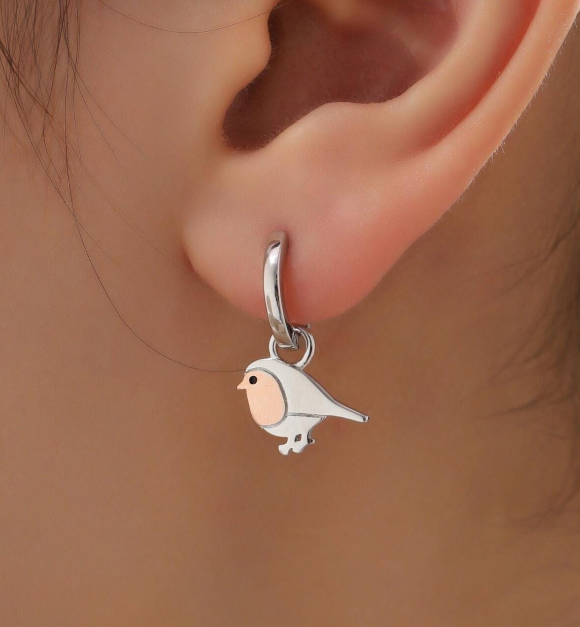 Robin Bird Charms for Huggie Hoops in Sterling Silver, Two Tone Robin Hoop Earrings, Bird Charms for Hoops Earrings, Robin Bird Hoop Charms