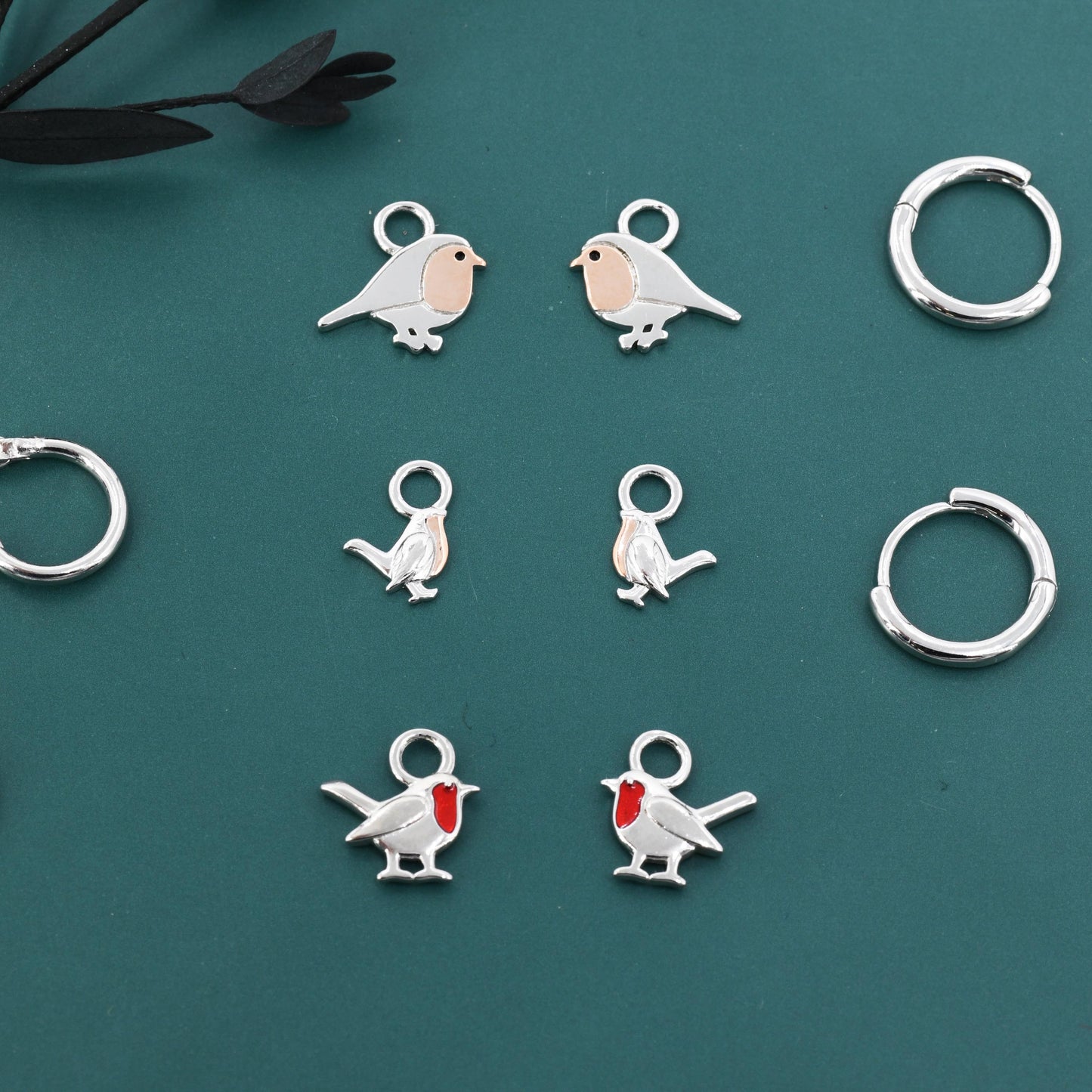 Robin Bird Charms for Huggie Hoops in Sterling Silver, Two Tone Robin Hoop Earrings, Bird Charms for Hoops Earrings, Robin Bird Hoop Charms
