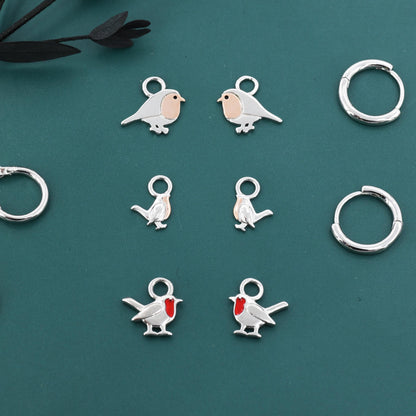 Robin Bird Charms for Huggie Hoops in Sterling Silver, Two Tone Robin Hoop Earrings, Bird Charms for Hoops Earrings, Robin Bird Hoop Charms