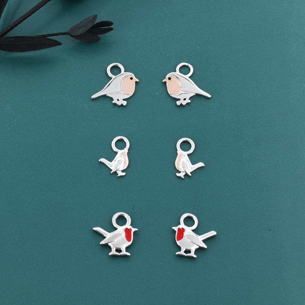 Robin Bird Charms for Huggie Hoops in Sterling Silver, Two Tone Robin Hoop Earrings, Bird Charms for Hoops Earrings, Robin Bird Hoop Charms
