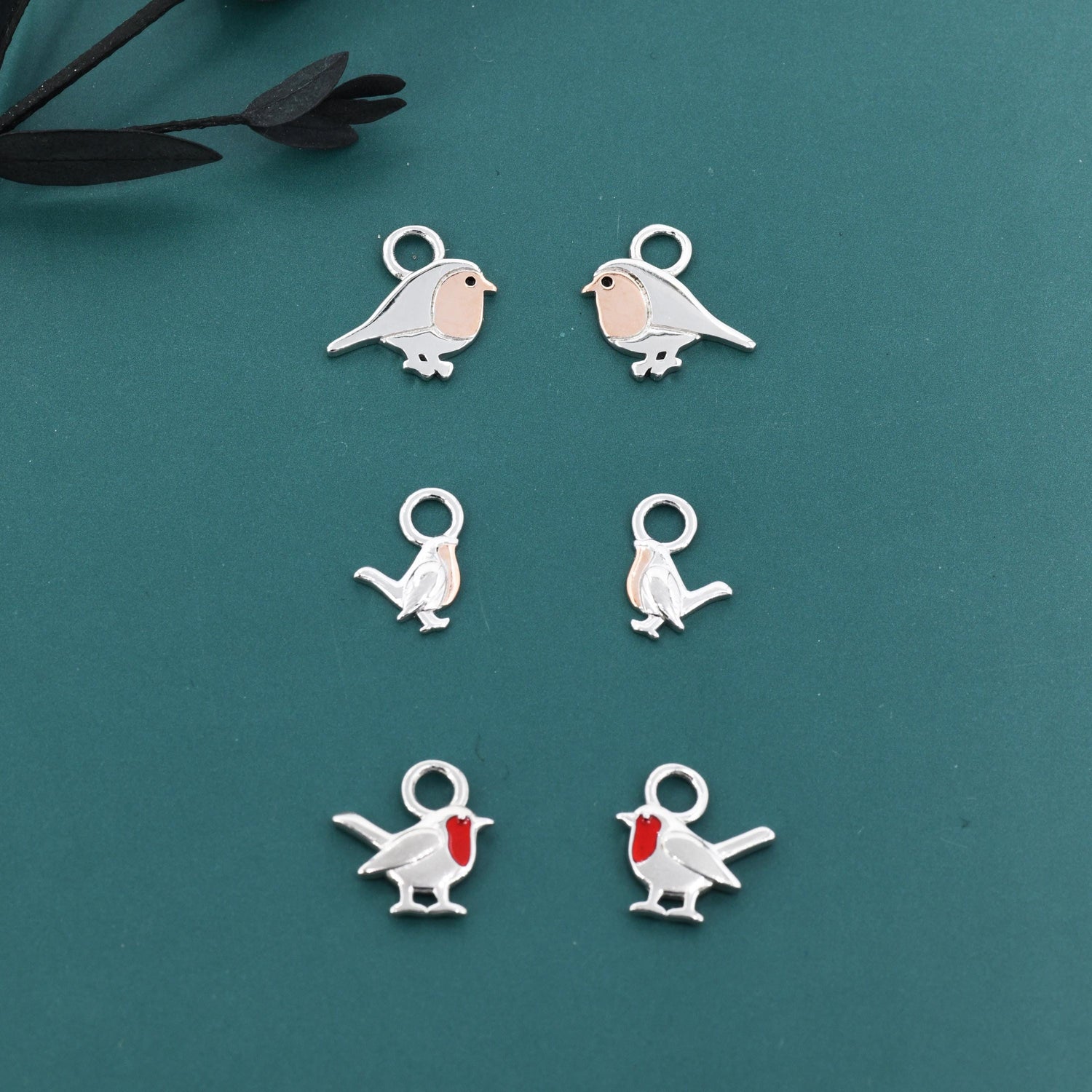 Robin Bird Charms for Huggie Hoops in Sterling Silver, Two Tone Robin Hoop Earrings, Bird Charms for Hoops Earrings, Robin Bird Hoop Charms