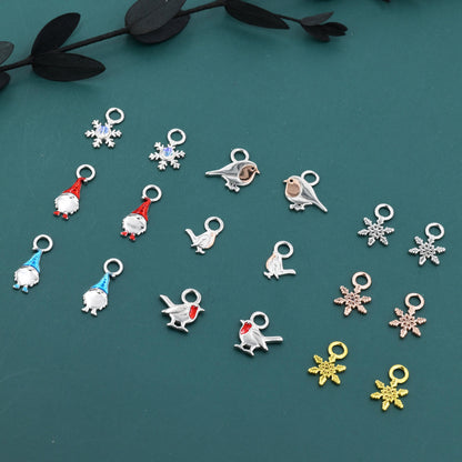 Christmas Charms for Huggie Hoops in Sterling Silver, Snowflake Charms, Gnome Charms, Bird Charms for Hoops Earrings, Robin Bird Hoop Charms
