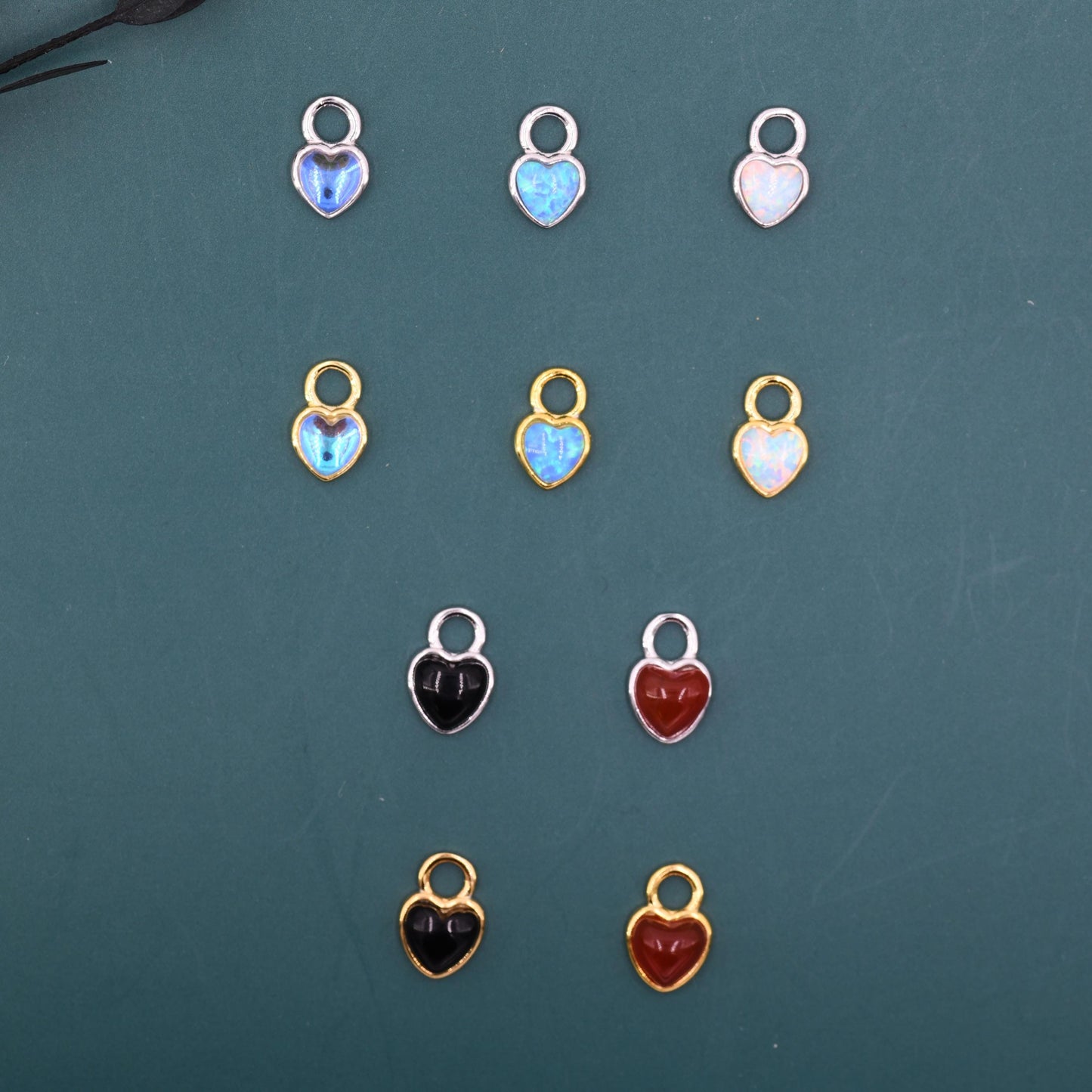 Moonstone/Opal/Onyx Heart Charms for Huggie Hoops, Detachable Heart Charms, Lab Created Moonstone/Opal Charms for Hoops, Red and Black Onyx