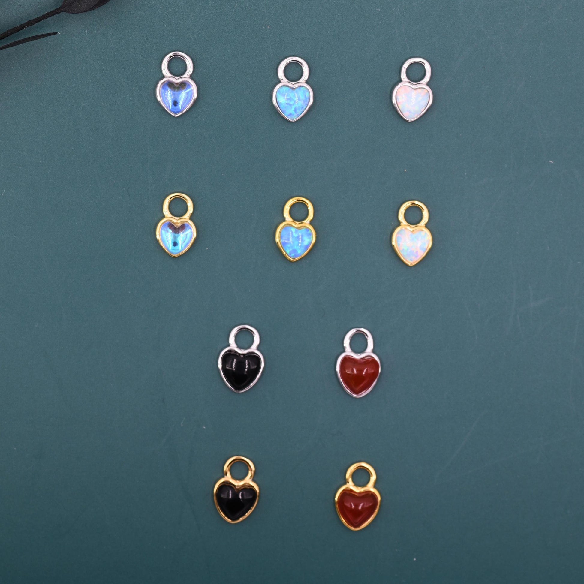 Moonstone/Opal/Onyx Heart Charms for Huggie Hoops, Detachable Heart Charms, Lab Created Moonstone/Opal Charms for Hoops, Red and Black Onyx