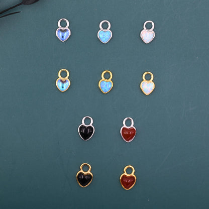 Moonstone/Opal/Onyx Heart Charms for Huggie Hoops, Detachable Heart Charms, Lab Created Moonstone/Opal Charms for Hoops, Red and Black Onyx