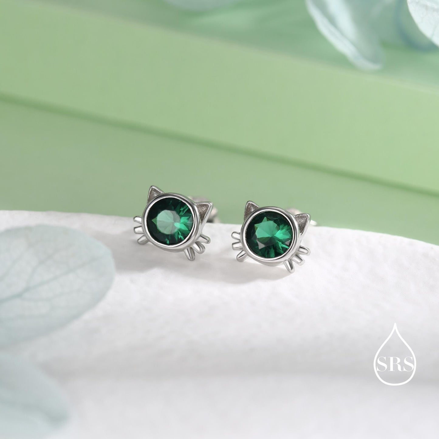Emerald Green CZ Cat Stud Earrings in Sterling Silver, Silver or Gold, Cat Earrings, May Birthstone, Nature Inspired Animal Earrings