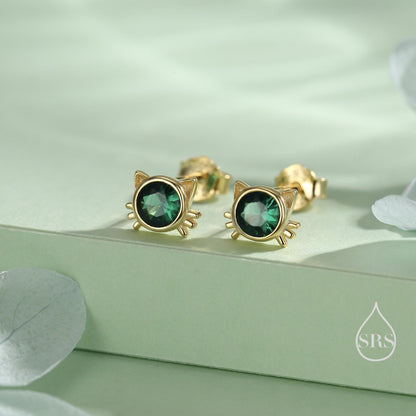 Emerald Green CZ Cat Stud Earrings in Sterling Silver, Silver or Gold, Cat Earrings, May Birthstone, Nature Inspired Animal Earrings