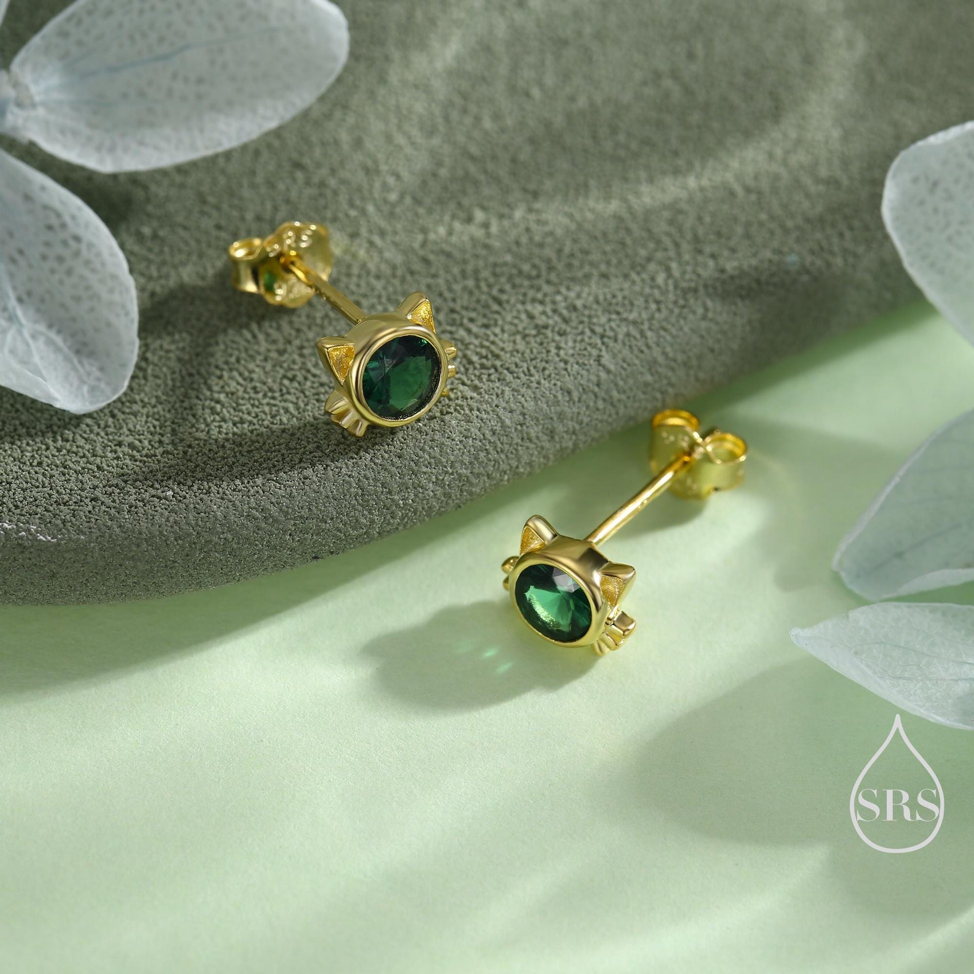 Emerald Green CZ Cat Stud Earrings in Sterling Silver, Silver or Gold, Cat Earrings, May Birthstone, Nature Inspired Animal Earrings