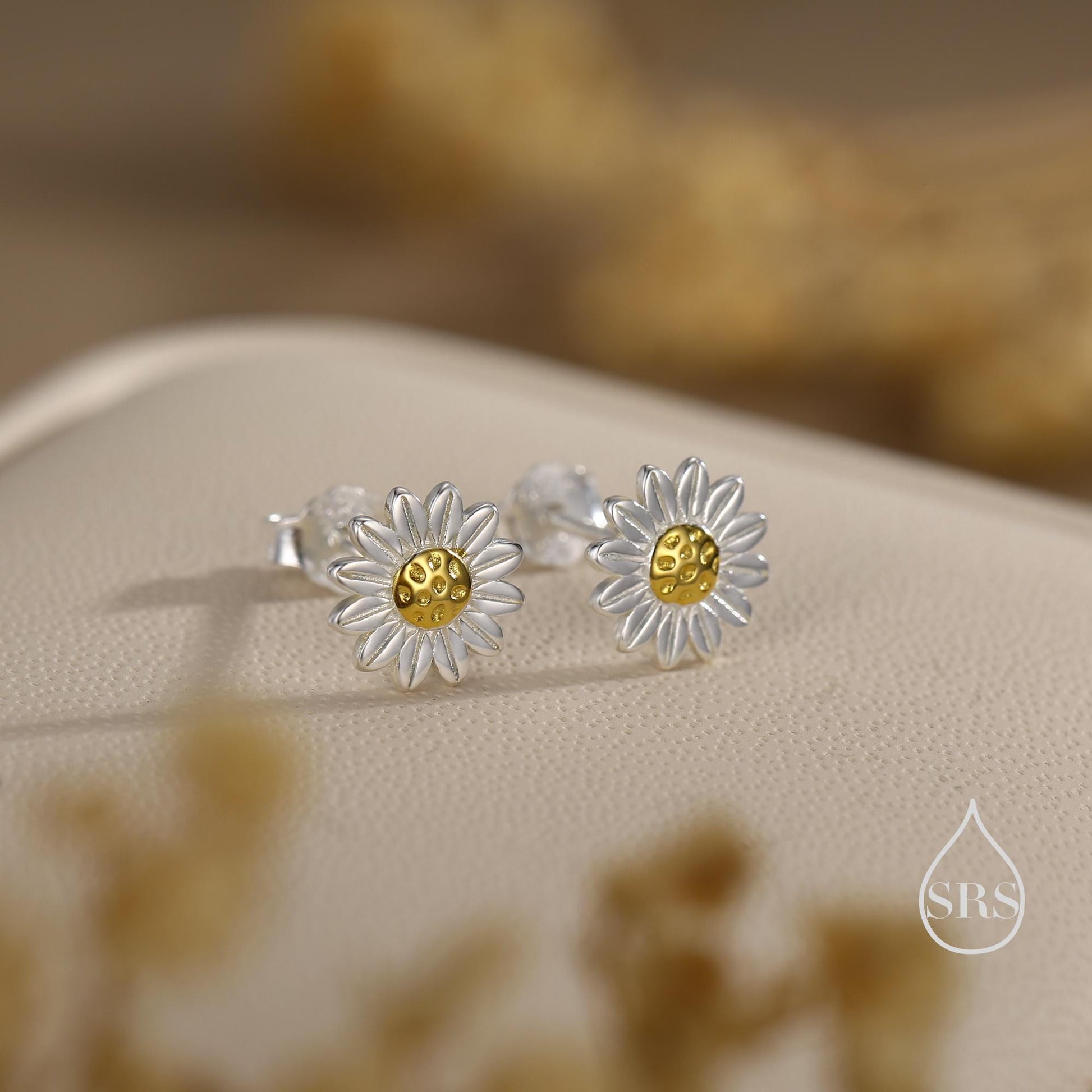 Little Sunflower Flower Stud Earrings in Sterling Silver - Cute Flower Blossom Daisy Earrings - Fun, Whimsical