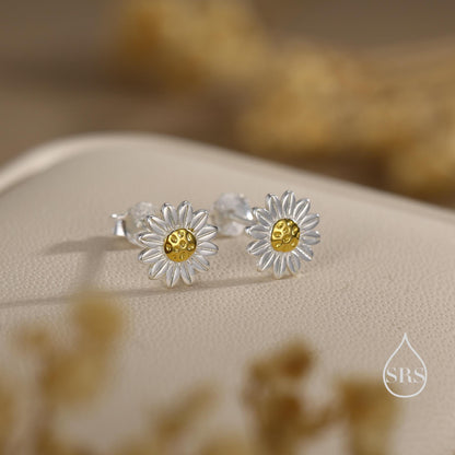 Little Sunflower Flower Stud Earrings in Sterling Silver - Cute Flower Blossom Daisy Earrings - Fun, Whimsical