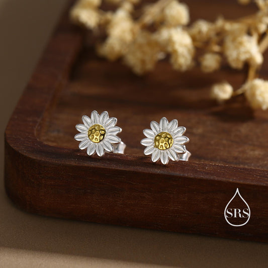 Little Sunflower Flower Stud Earrings in Sterling Silver - Cute Flower Blossom Daisy Earrings - Fun, Whimsical