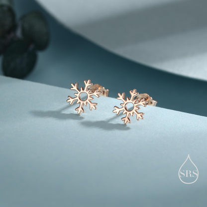 Tiny Snowflake Stud Earrings in Sterling Silver, Small Snow Earrings, Available in 3 Finishes - Silver, Gold and Rose Gold, Dainty Snowflake