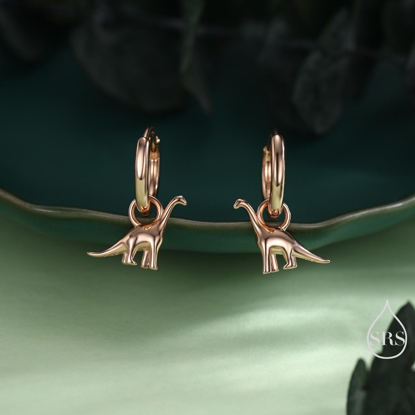Dinosaur Huggie Hoop Earrings in Sterling Silver, Silver or Gold or Rose Gold Finish, Brachiosaurus Earrings, Detachable and Interchangable