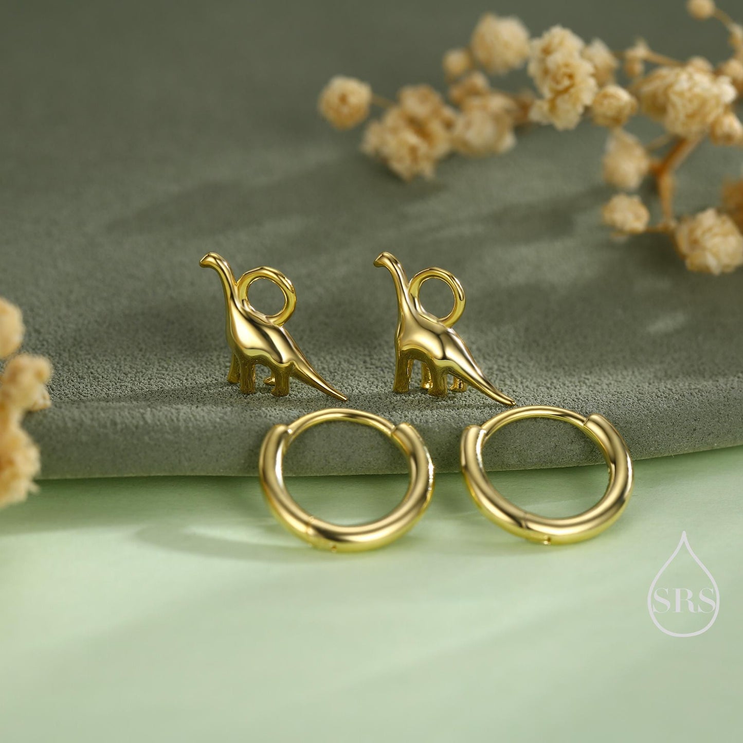 Dinosaur Huggie Hoop Earrings in Sterling Silver, Silver or Gold or Rose Gold Finish, Brachiosaurus Earrings, Detachable and Interchangable