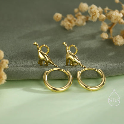 Dinosaur Huggie Hoop Earrings in Sterling Silver, Silver or Gold or Rose Gold Finish, Brachiosaurus Earrings, Detachable and Interchangable