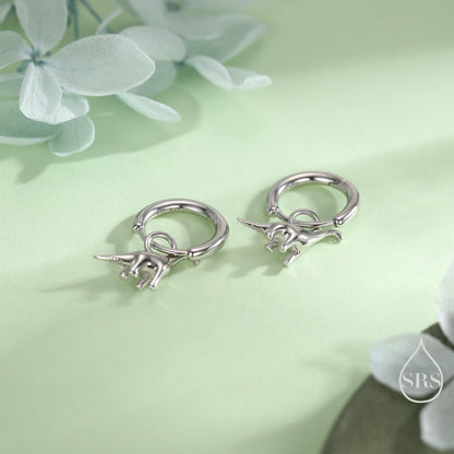 Dinosaur Huggie Hoop Earrings in Sterling Silver, Silver or Gold or Rose Gold Finish, Brachiosaurus Earrings, Detachable and Interchangable