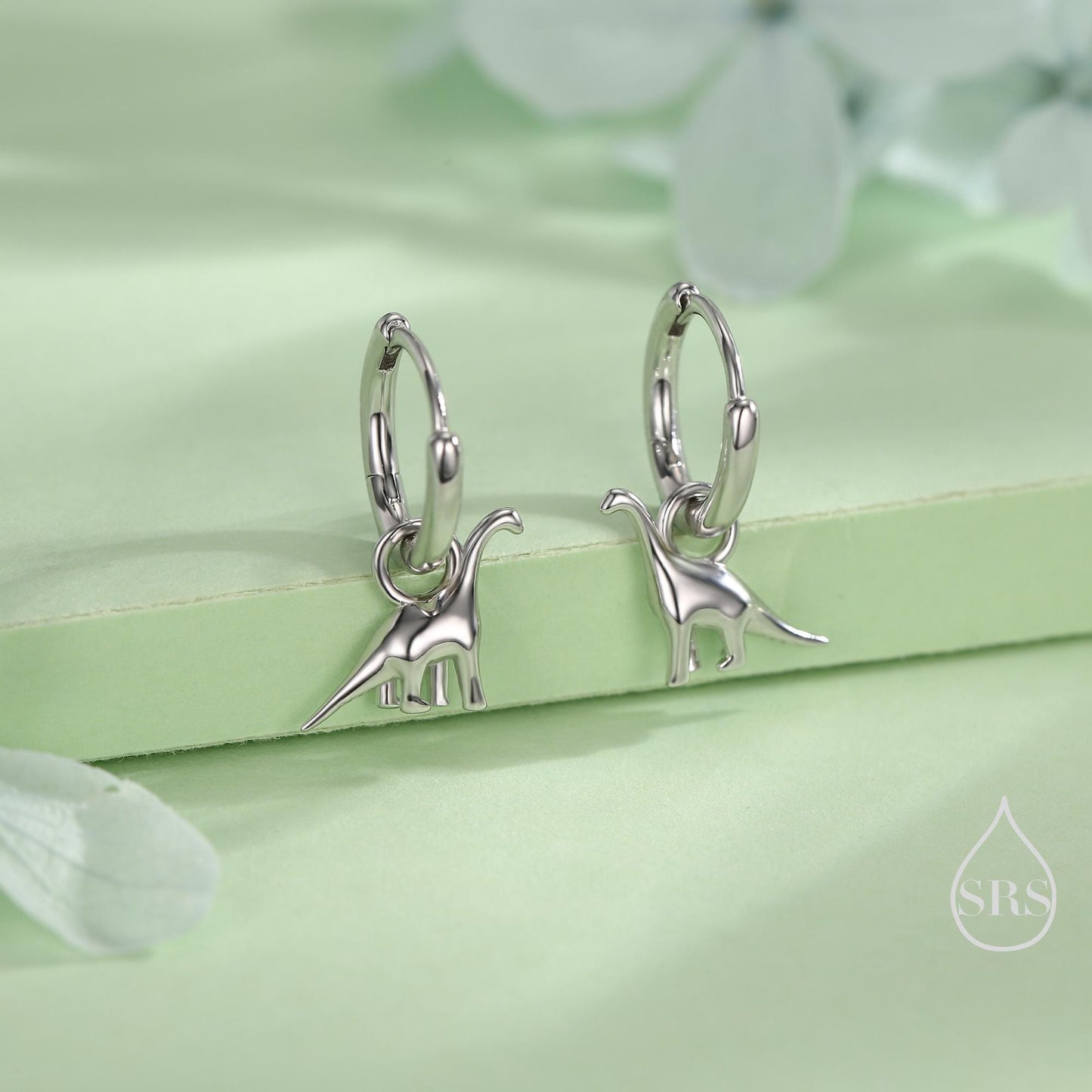Dinosaur Huggie Hoop Earrings in Sterling Silver, Silver or Gold or Rose Gold Finish, Brachiosaurus Earrings, Detachable and Interchangable