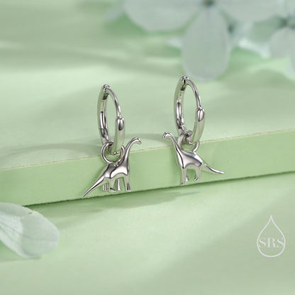 Dinosaur Huggie Hoop Earrings in Sterling Silver, Silver or Gold or Rose Gold Finish, Brachiosaurus Earrings, Detachable and Interchangable