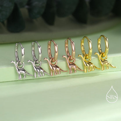 Dinosaur Huggie Hoop Earrings in Sterling Silver, Silver or Gold or Rose Gold Finish, Brachiosaurus Earrings, Detachable and Interchangable