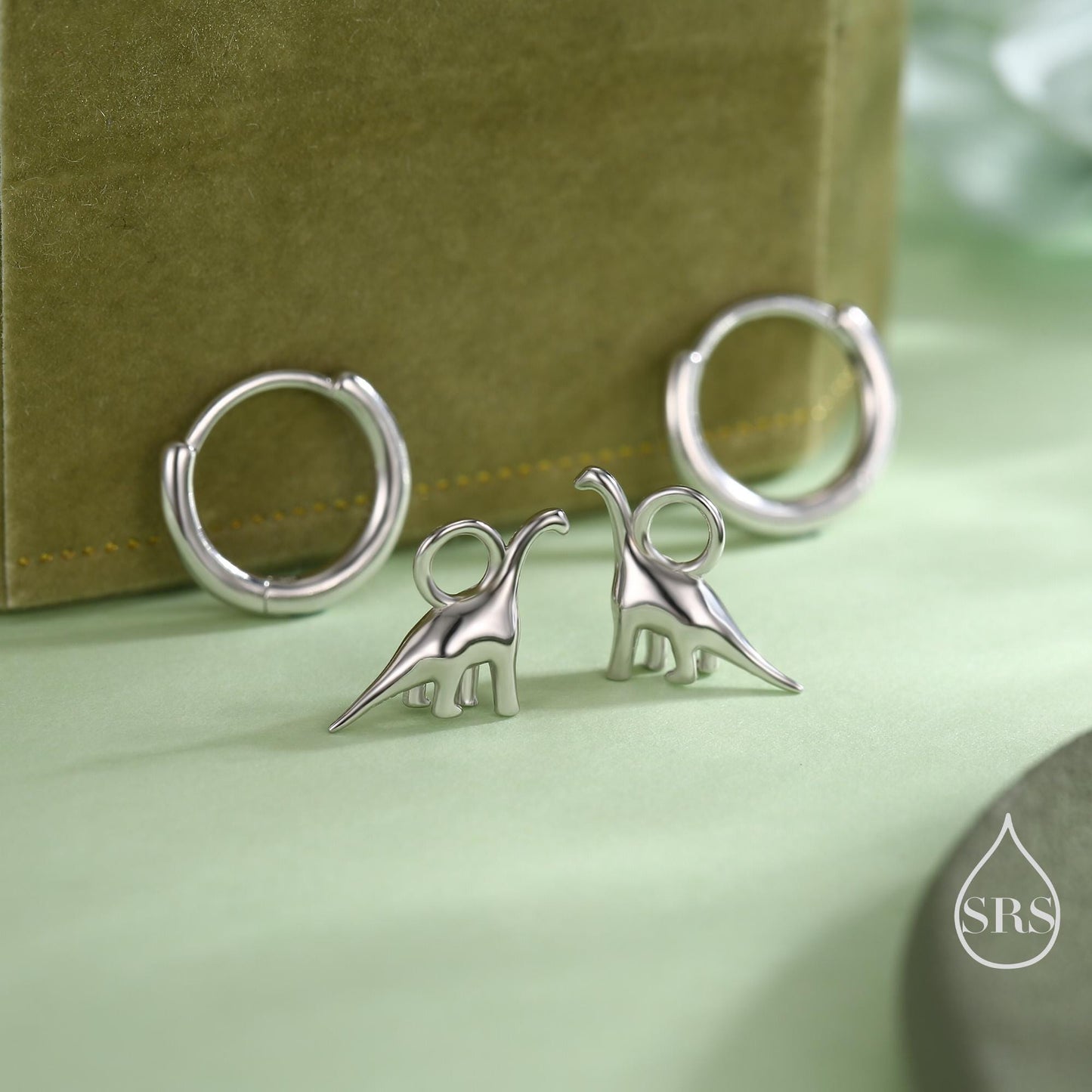 Dinosaur Huggie Hoop Earrings in Sterling Silver, Silver or Gold or Rose Gold Finish, Brachiosaurus Earrings, Detachable and Interchangable