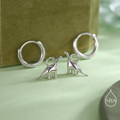 Dinosaur Huggie Hoop Earrings in Sterling Silver, Silver or Gold or Rose Gold Finish, Brachiosaurus Earrings, Detachable and Interchangable