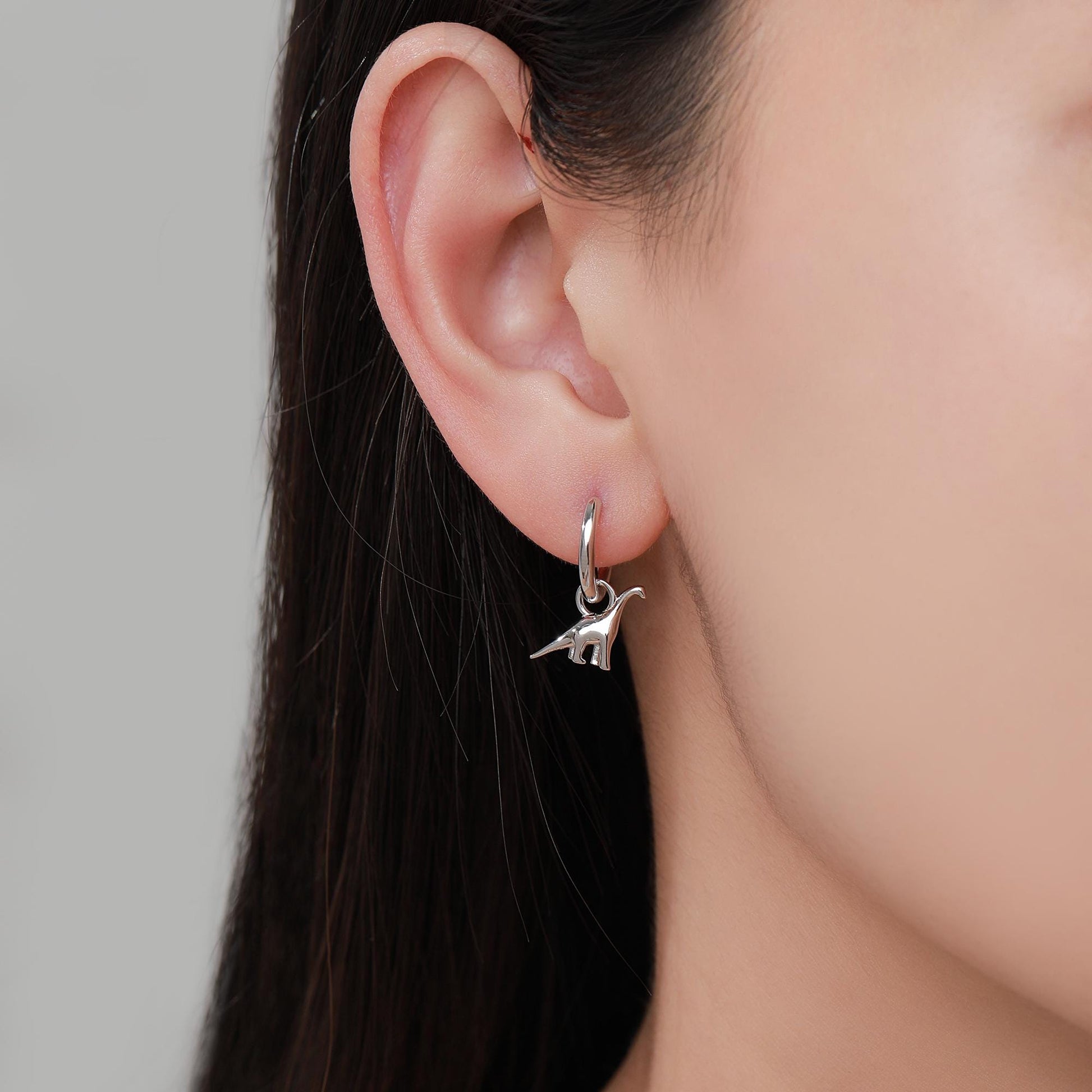 Dinosaur Huggie Hoop Earrings in Sterling Silver, Silver or Gold or Rose Gold Finish, Brachiosaurus Earrings, Detachable and Interchangable