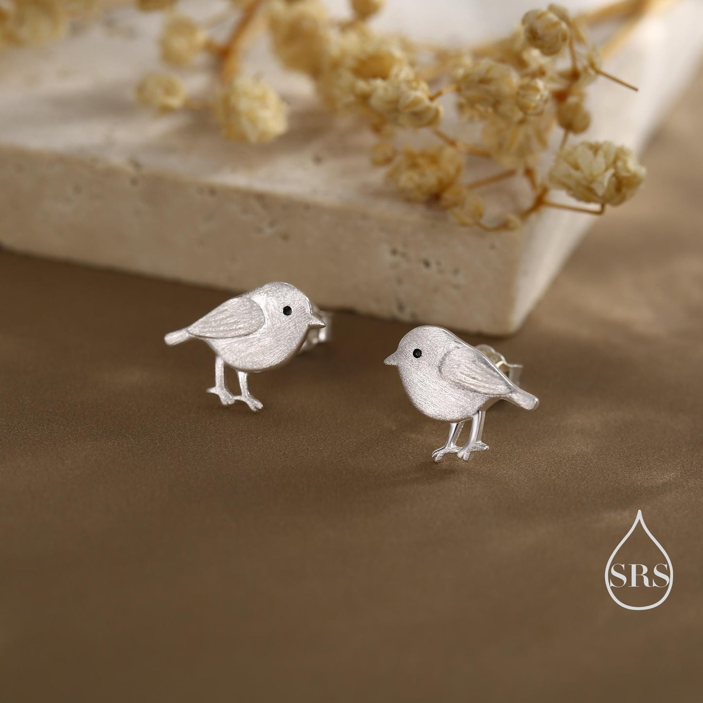 Chickadee Bird Stud Earrings in Sterling Silver, Textured Finish, Cute Bird Earrings, Nature Inspired Animal Earrings