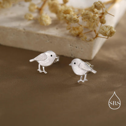 Chickadee Bird Stud Earrings in Sterling Silver, Textured Finish, Cute Bird Earrings, Nature Inspired Animal Earrings