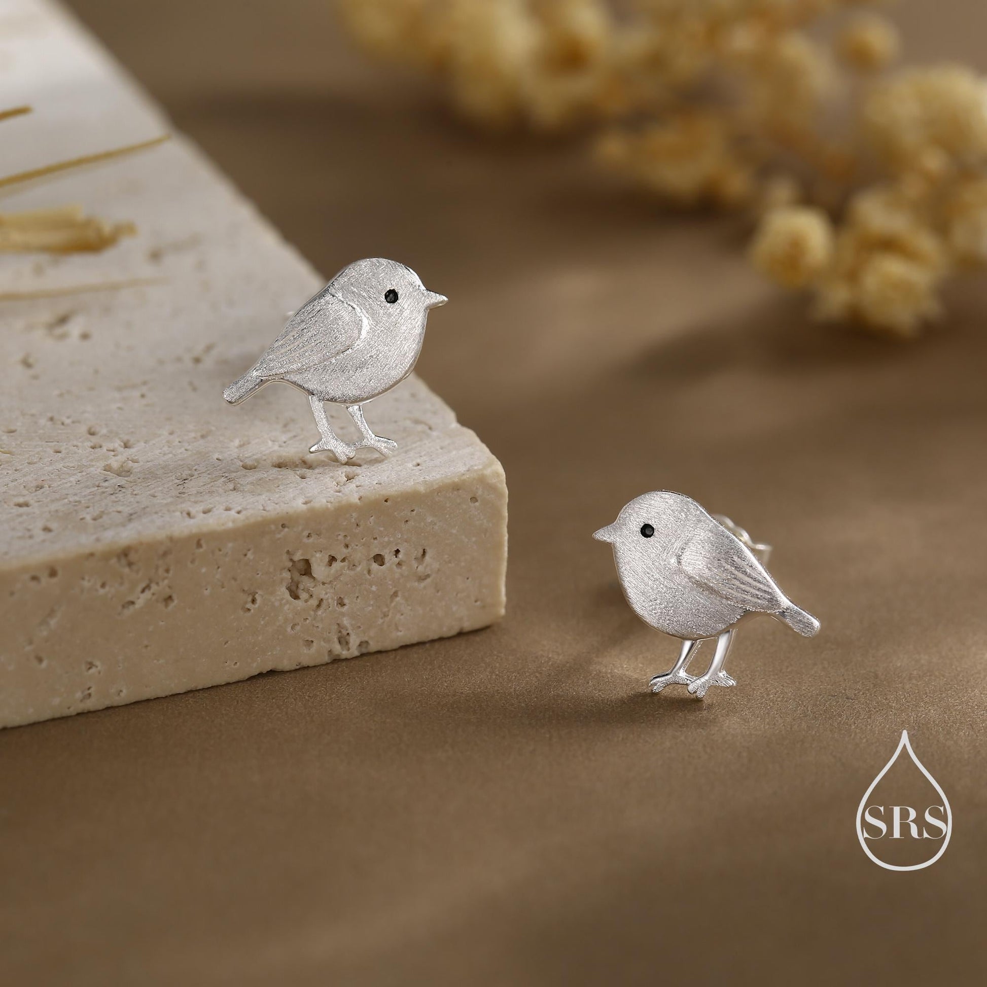 Chickadee Bird Stud Earrings in Sterling Silver, Textured Finish, Cute Bird Earrings, Nature Inspired Animal Earrings