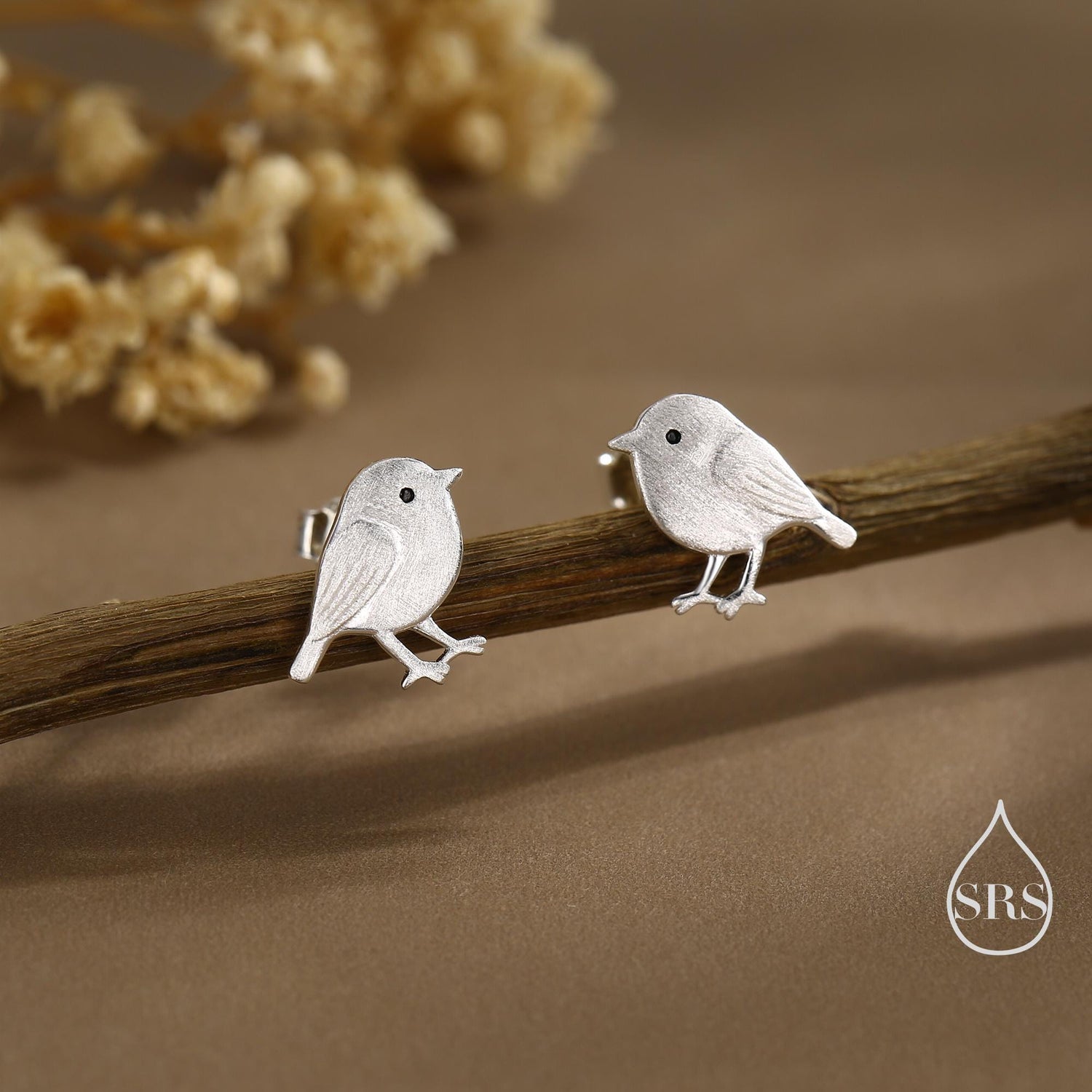 Chickadee Bird Stud Earrings in Sterling Silver, Textured Finish, Cute Bird Earrings, Nature Inspired Animal Earrings