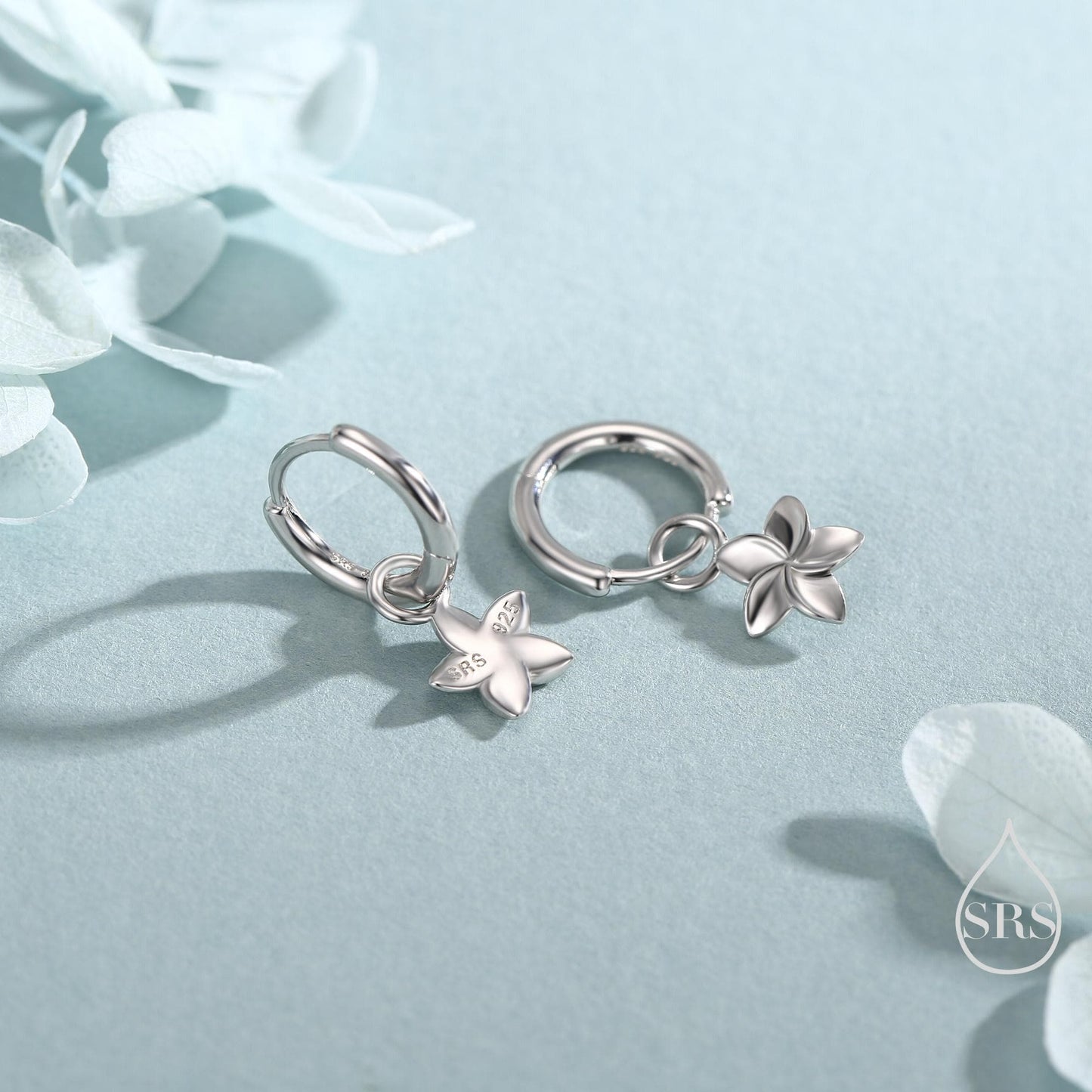 Tiny Plumeria Flower Huggie Hoop Earrings in Sterling Silver, Silver, Gold or Rose Gold, Detachable and Interchangable Charms