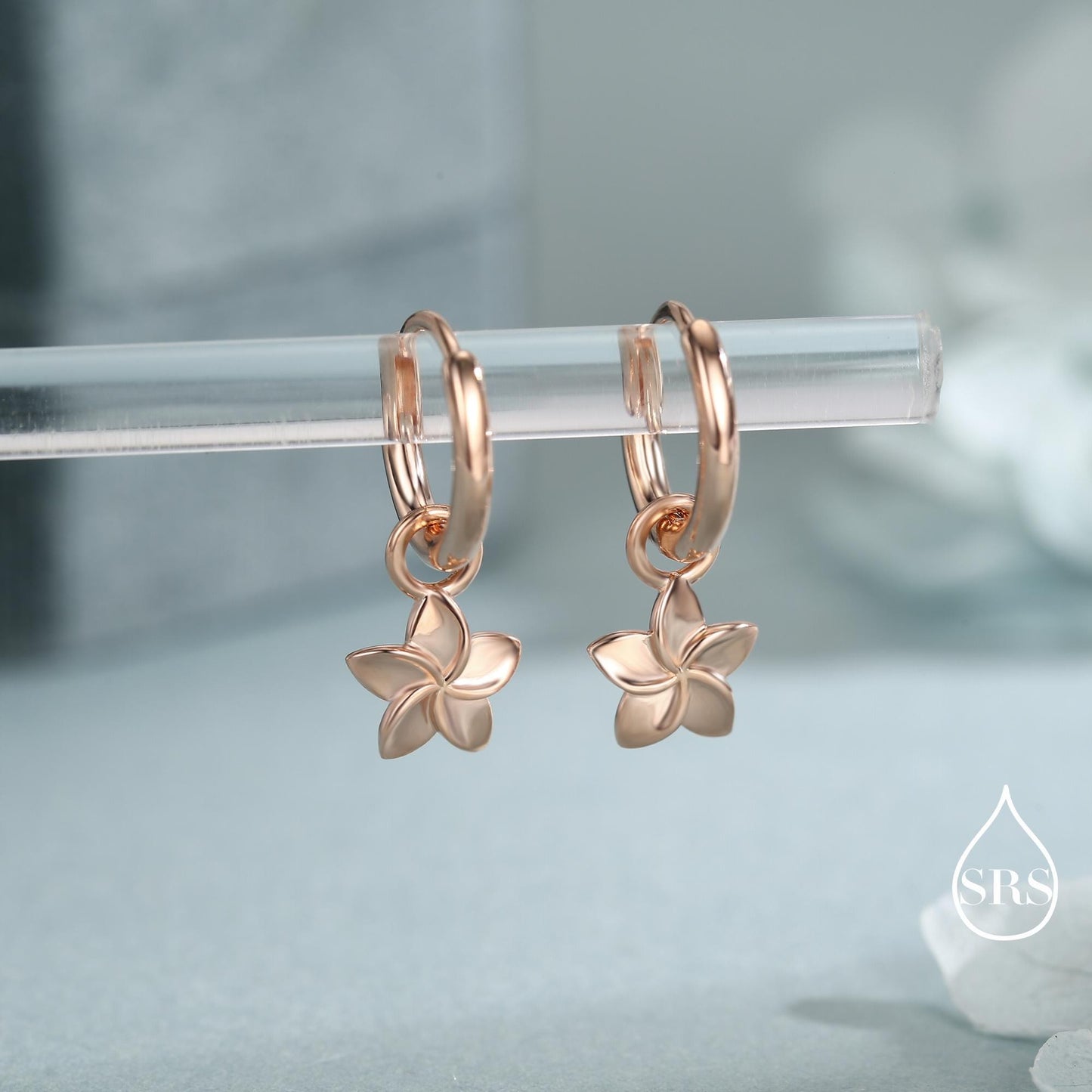 Tiny Plumeria Flower Huggie Hoop Earrings in Sterling Silver, Silver, Gold or Rose Gold, Detachable and Interchangable Charms
