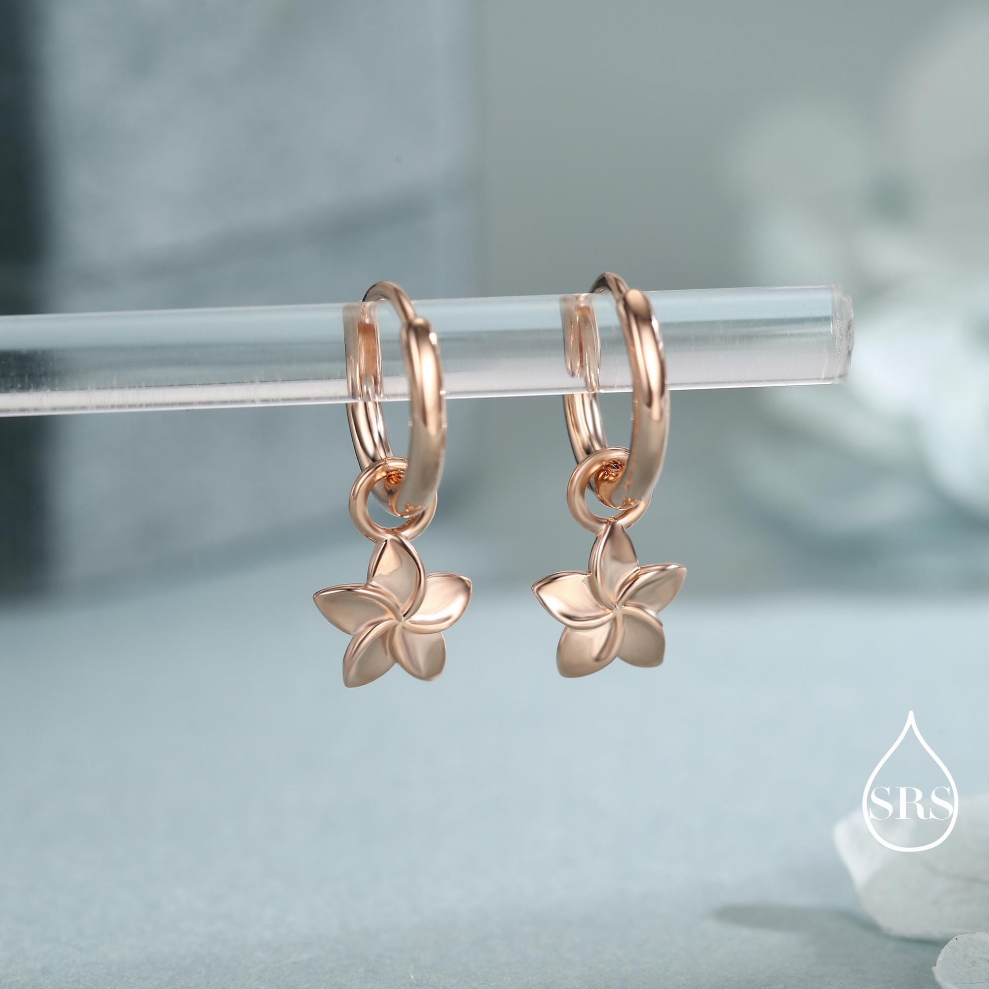 Tiny Plumeria Flower Huggie Hoop Earrings in Sterling Silver, Silver, Gold or Rose Gold, Detachable and Interchangable Charms