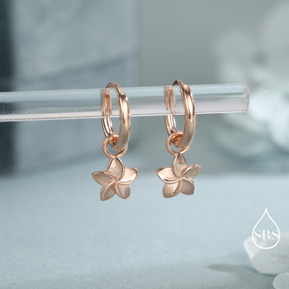 Tiny Plumeria Flower Huggie Hoop Earrings in Sterling Silver, Silver, Gold or Rose Gold, Detachable and Interchangable Charms