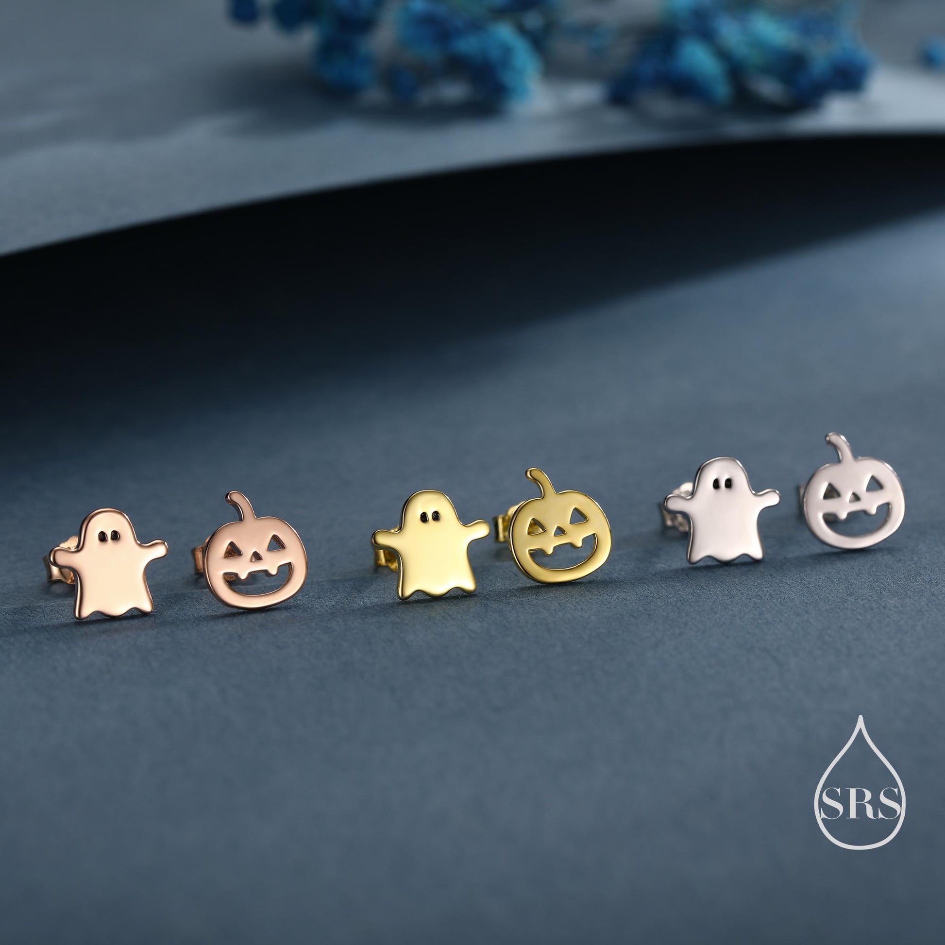 Mismatched Carved Pumpkin and Ghost Stud Earrings in Sterling Silver, Silver, Gold or Rose Gold, Fun and Quirky Halloween Earrings