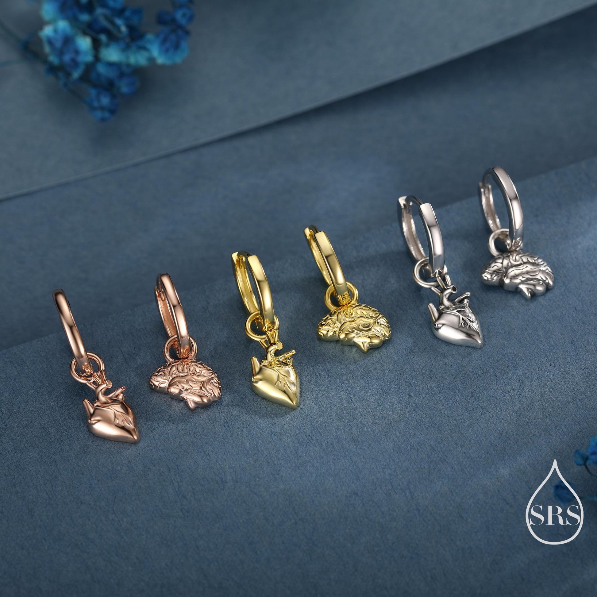 Anatomical Brain and Heart Asymmetric Huggie Hoop Earrings in Sterling Silver, Silver, Gold or Rose Gold, Science Jewellery, Heart and Mind