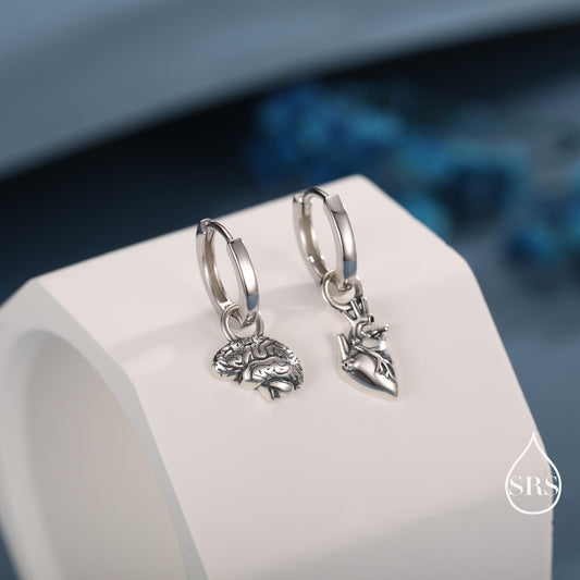 Anatomical Brain and Heart Asymmetric Huggie Hoop Earrings in Sterling Silver, Silver, Gold or Rose Gold, Science Jewellery, Heart and Mind