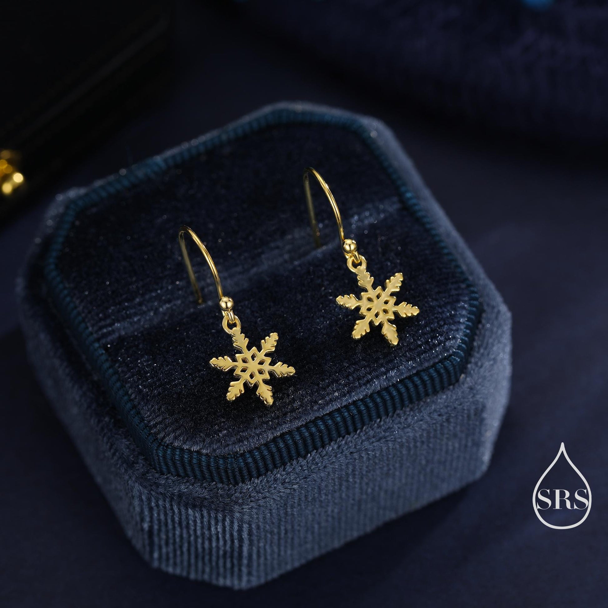 Delicate Snowflake Drop Hook Earrings in Sterling Silver, Silver, Gold or Rose Gold, Dainty Snowflake Earrings, Snow Earrings