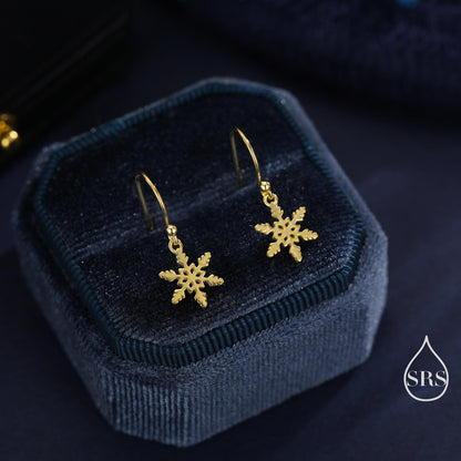 Delicate Snowflake Drop Hook Earrings in Sterling Silver, Silver, Gold or Rose Gold, Dainty Snowflake Earrings, Snow Earrings