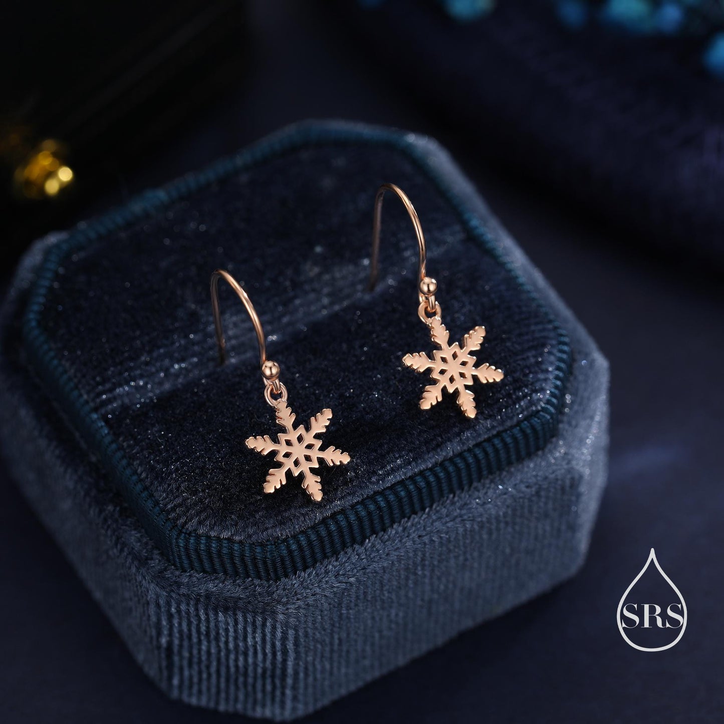 Delicate Snowflake Drop Hook Earrings in Sterling Silver, Silver, Gold or Rose Gold, Dainty Snowflake Earrings, Snow Earrings