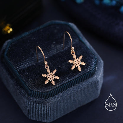 Delicate Snowflake Drop Hook Earrings in Sterling Silver, Silver, Gold or Rose Gold, Dainty Snowflake Earrings, Snow Earrings