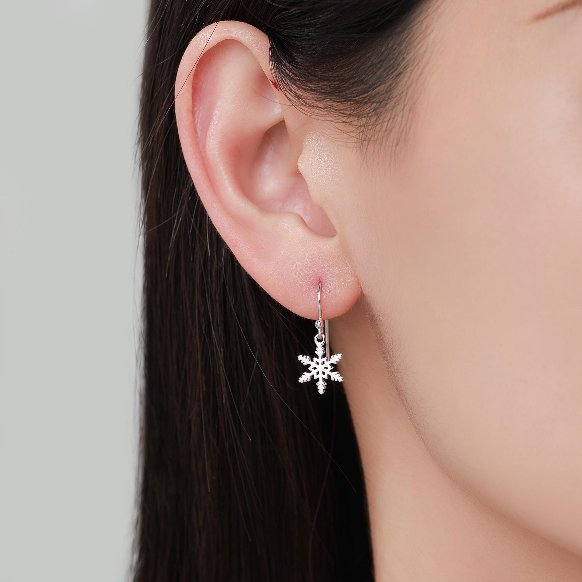 Delicate Snowflake Drop Hook Earrings in Sterling Silver, Silver, Gold or Rose Gold, Dainty Snowflake Earrings, Snow Earrings