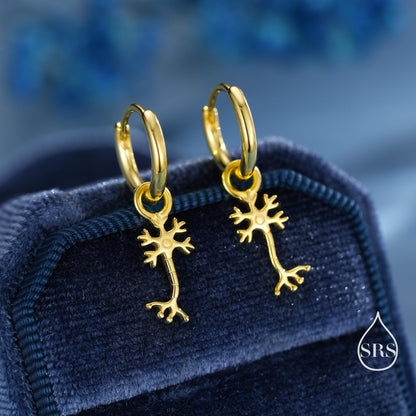 Tiny Neuron Cell Huggie Hoops Earrings in Sterling Silver, Silver or Gold, Neurone Cell Nerve Earrings, Brain Earrings, Detachable Charms
