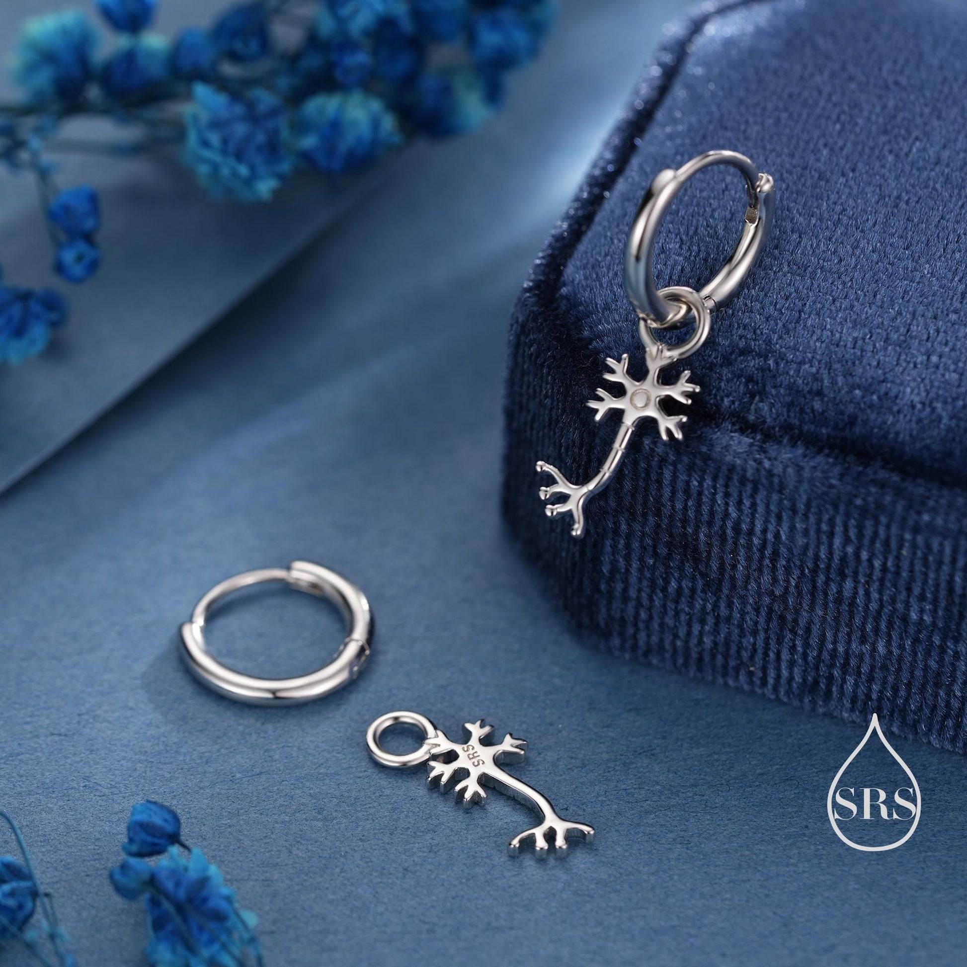 Tiny Neuron Cell Huggie Hoops Earrings in Sterling Silver, Silver or Gold, Neurone Cell Nerve Earrings, Brain Earrings, Detachable Charms