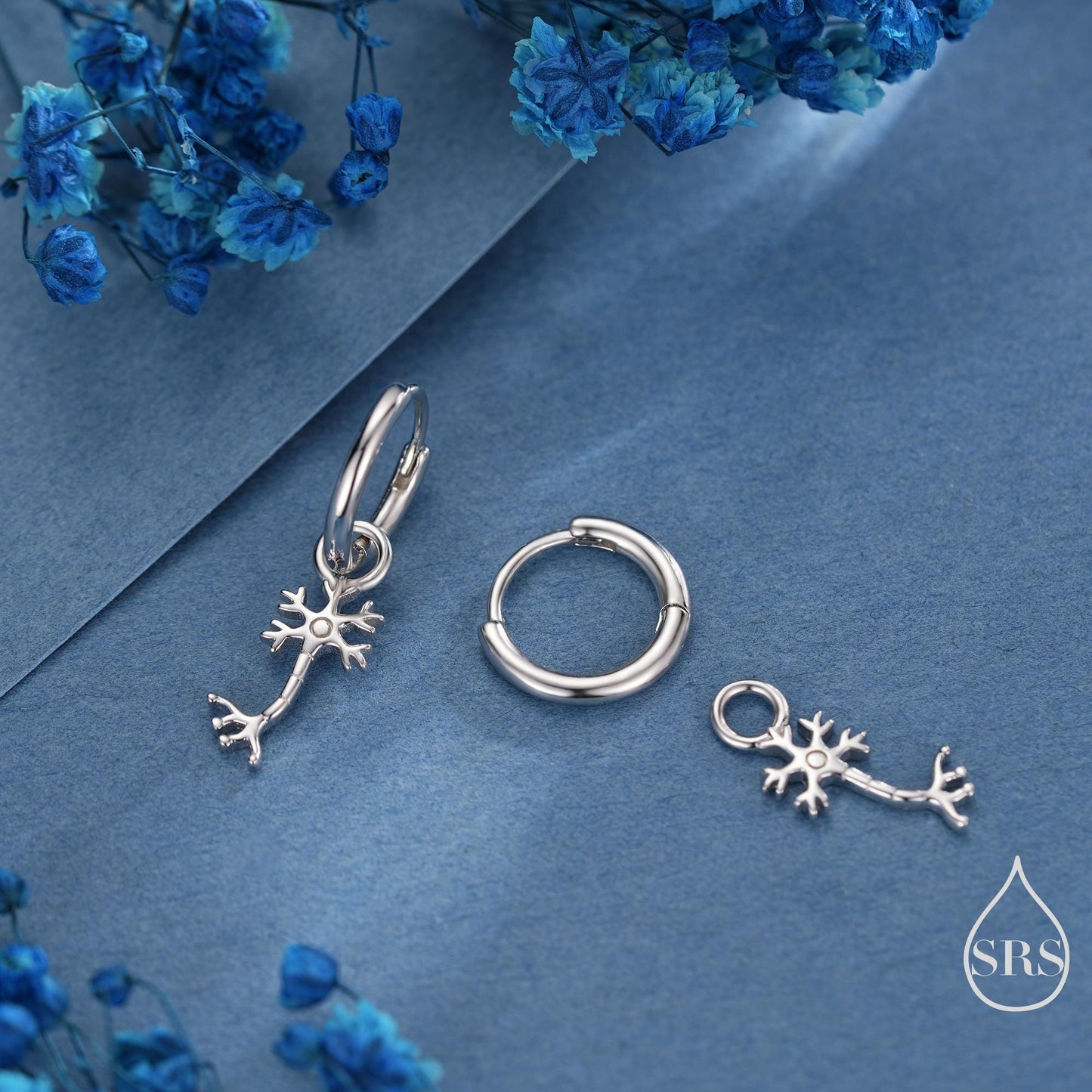Tiny Neuron Cell Huggie Hoops Earrings in Sterling Silver, Silver or Gold, Neurone Cell Nerve Earrings, Brain Earrings, Detachable Charms
