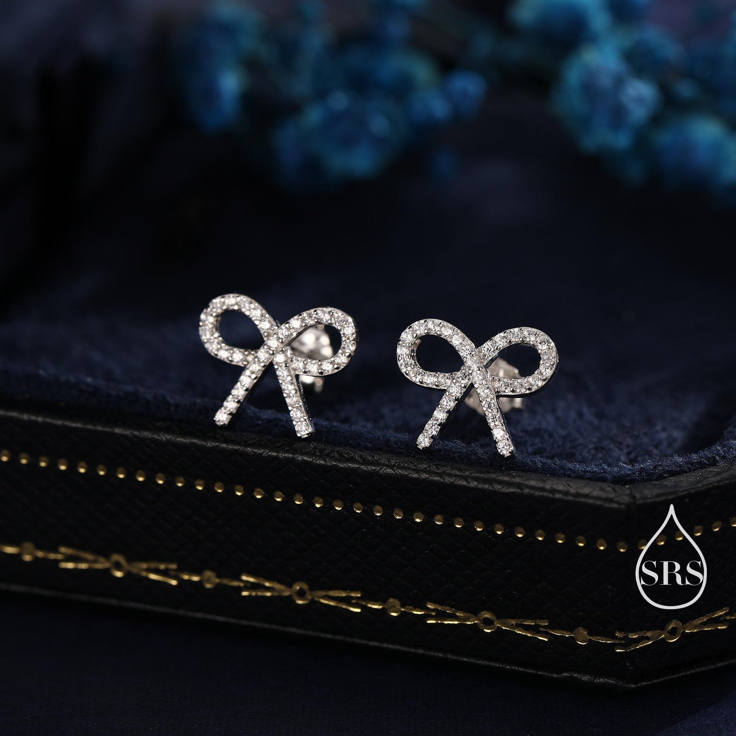 CZ Ribbon Bow Stud Earrings in Sterling Silver, Silver or Gold or Rose Gold, Dainty Earrings, Bridesmaid's Jewellery