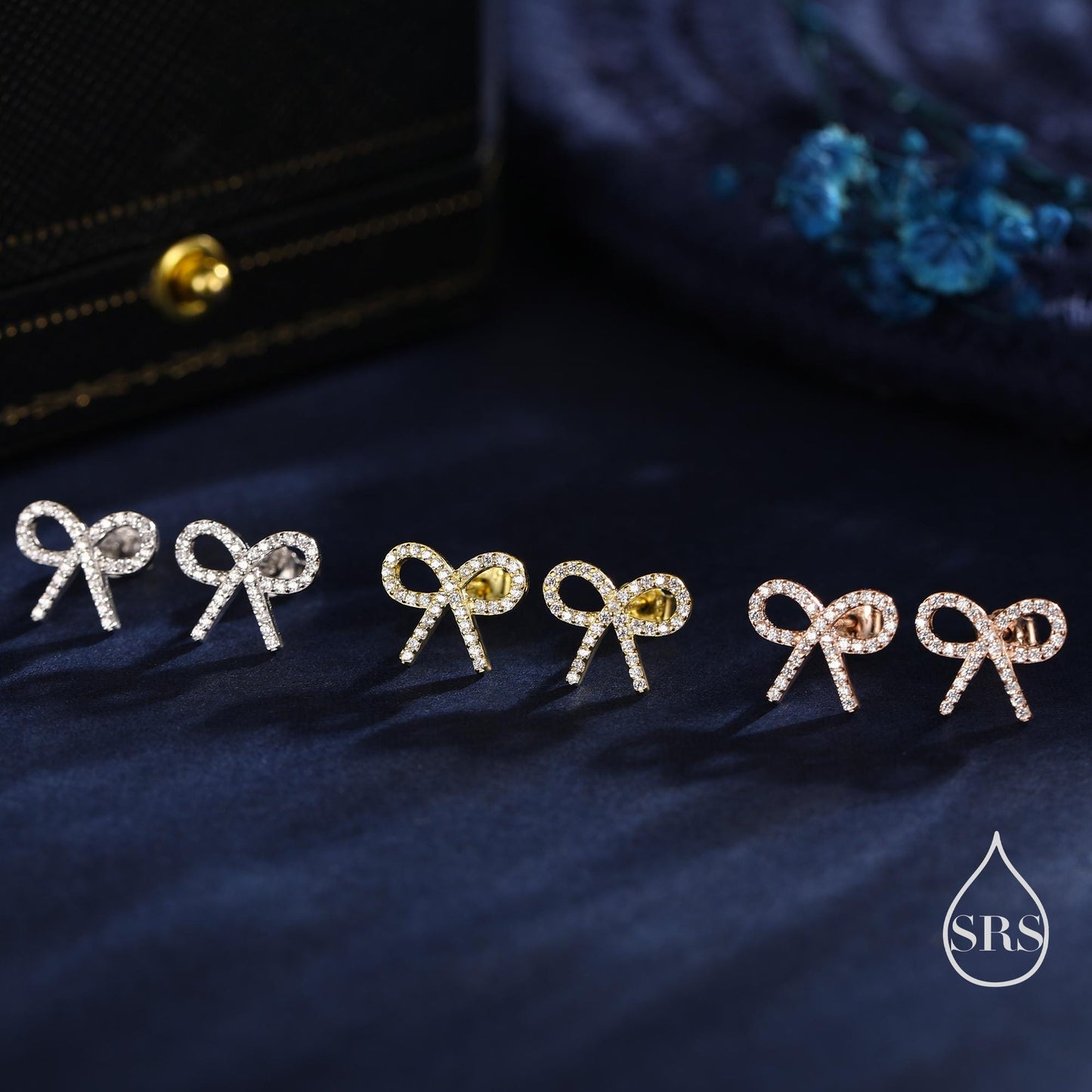 CZ Ribbon Bow Stud Earrings in Sterling Silver, Silver or Gold or Rose Gold, Dainty Earrings, Bridesmaid's Jewellery
