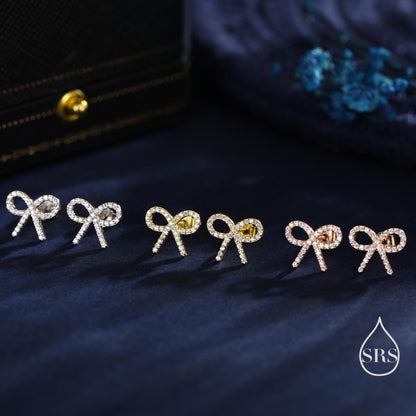 CZ Ribbon Bow Stud Earrings in Sterling Silver, Silver or Gold or Rose Gold, Dainty Earrings, Bridesmaid's Jewellery