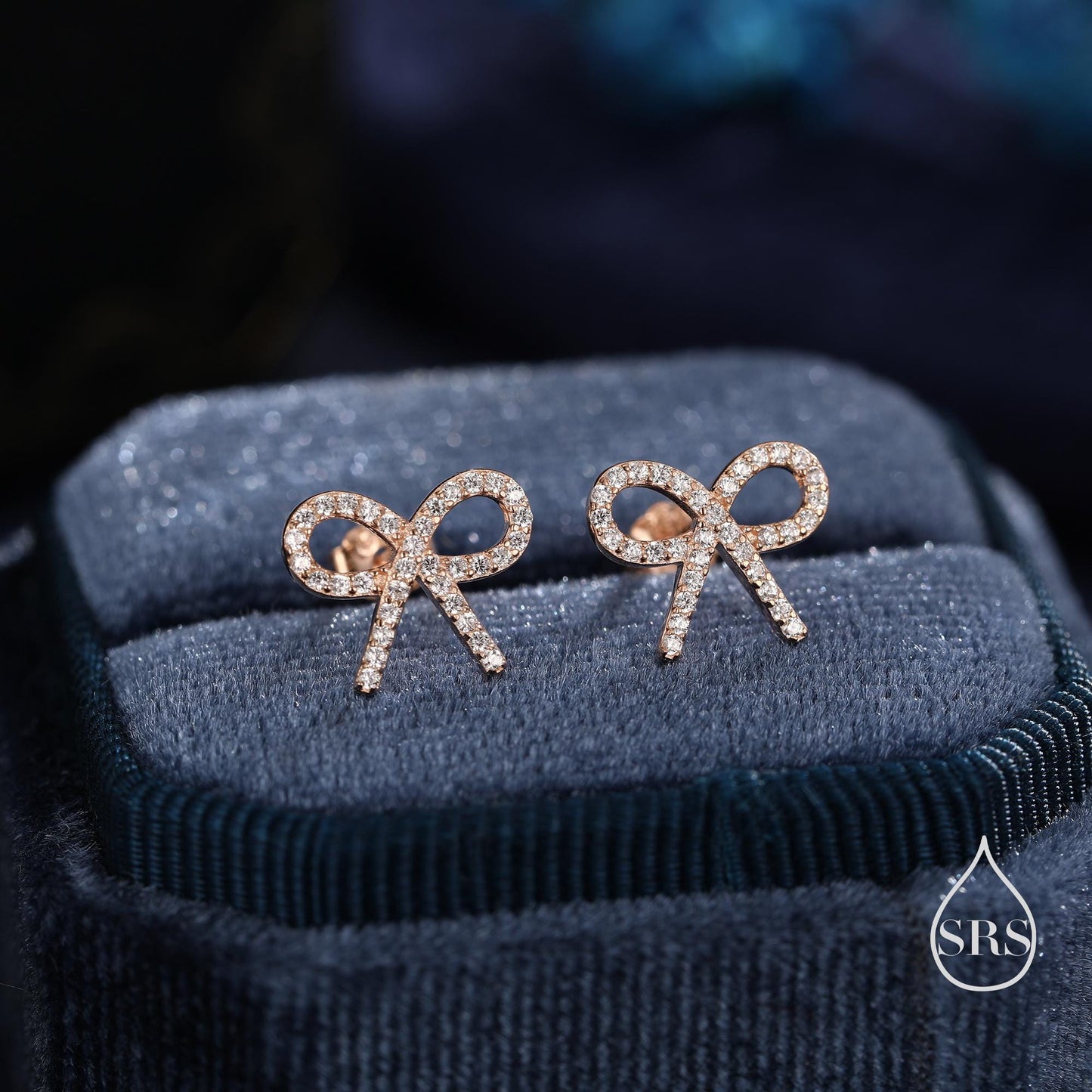 CZ Ribbon Bow Stud Earrings in Sterling Silver, Silver or Gold or Rose Gold, Dainty Earrings, Bridesmaid's Jewellery
